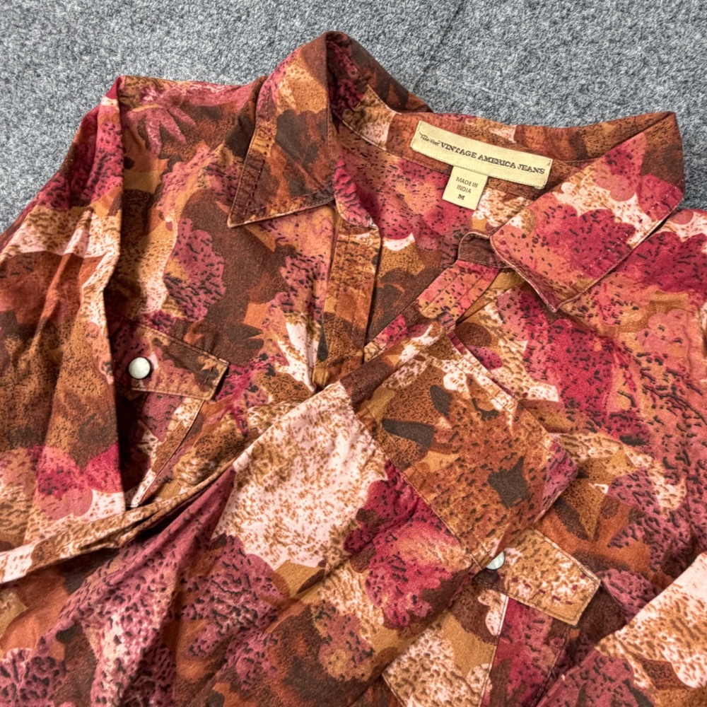Nine West Vintage America Jeans Floral Button Down Shirt Rust Burgundy Medium